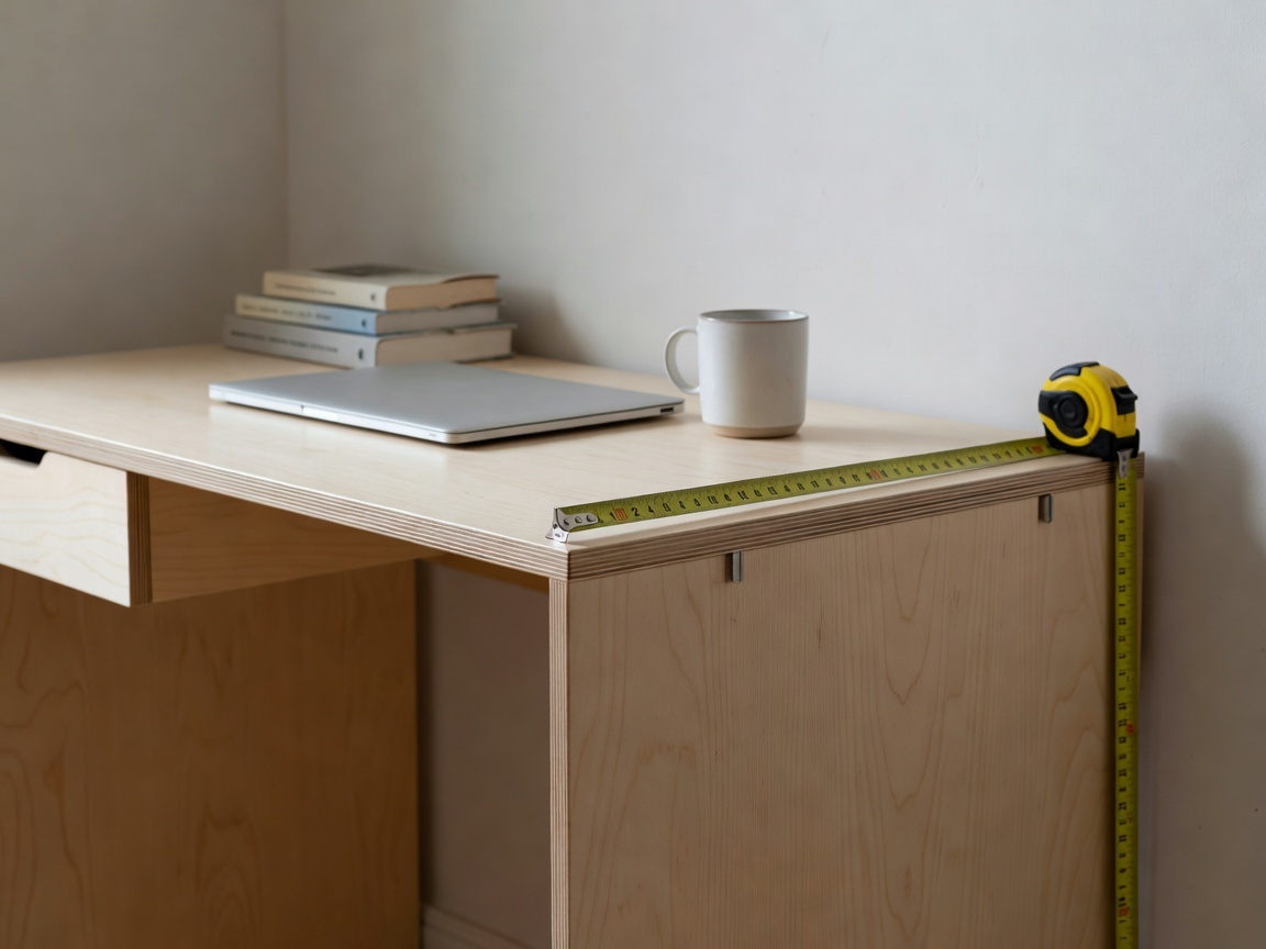 Close detail of a compact home desk measured against a wall