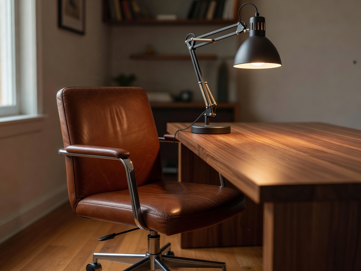 Detail of a home desk chair and task lamp beside a work surface