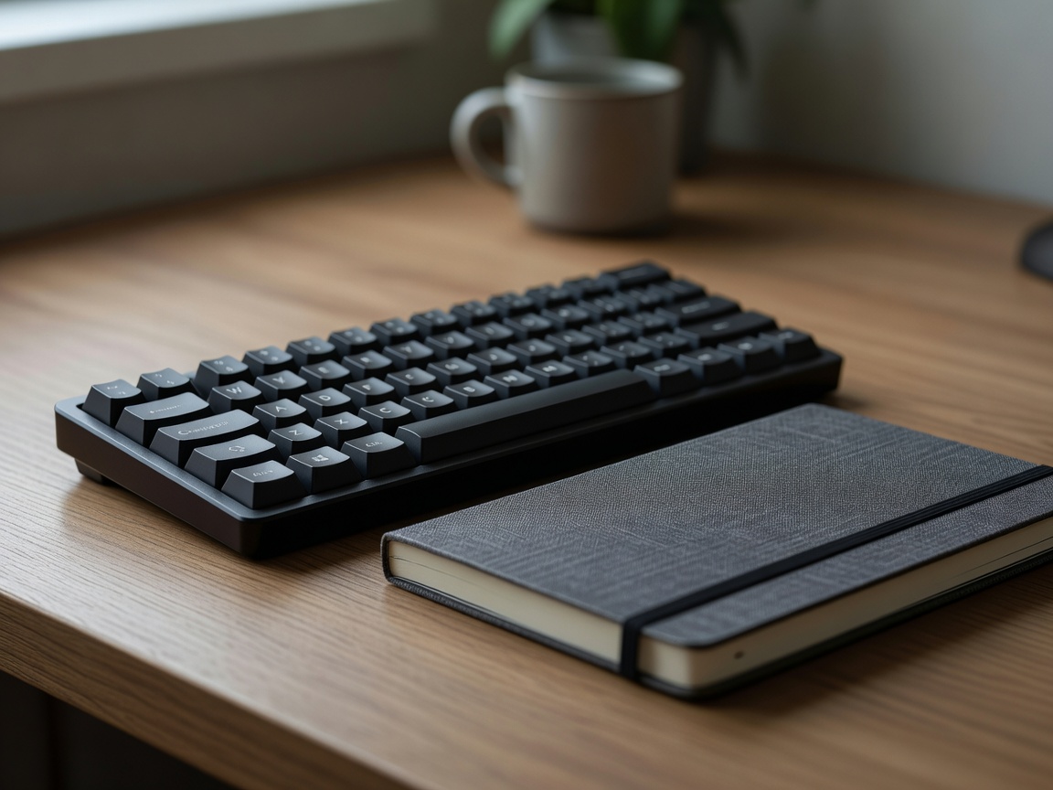 Close-up of a compact keyboard and notebook on a home desk