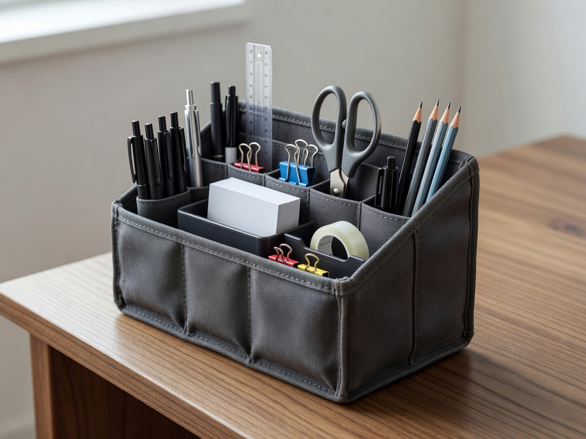 Close-up of a portable organizer holding everyday home office supplies